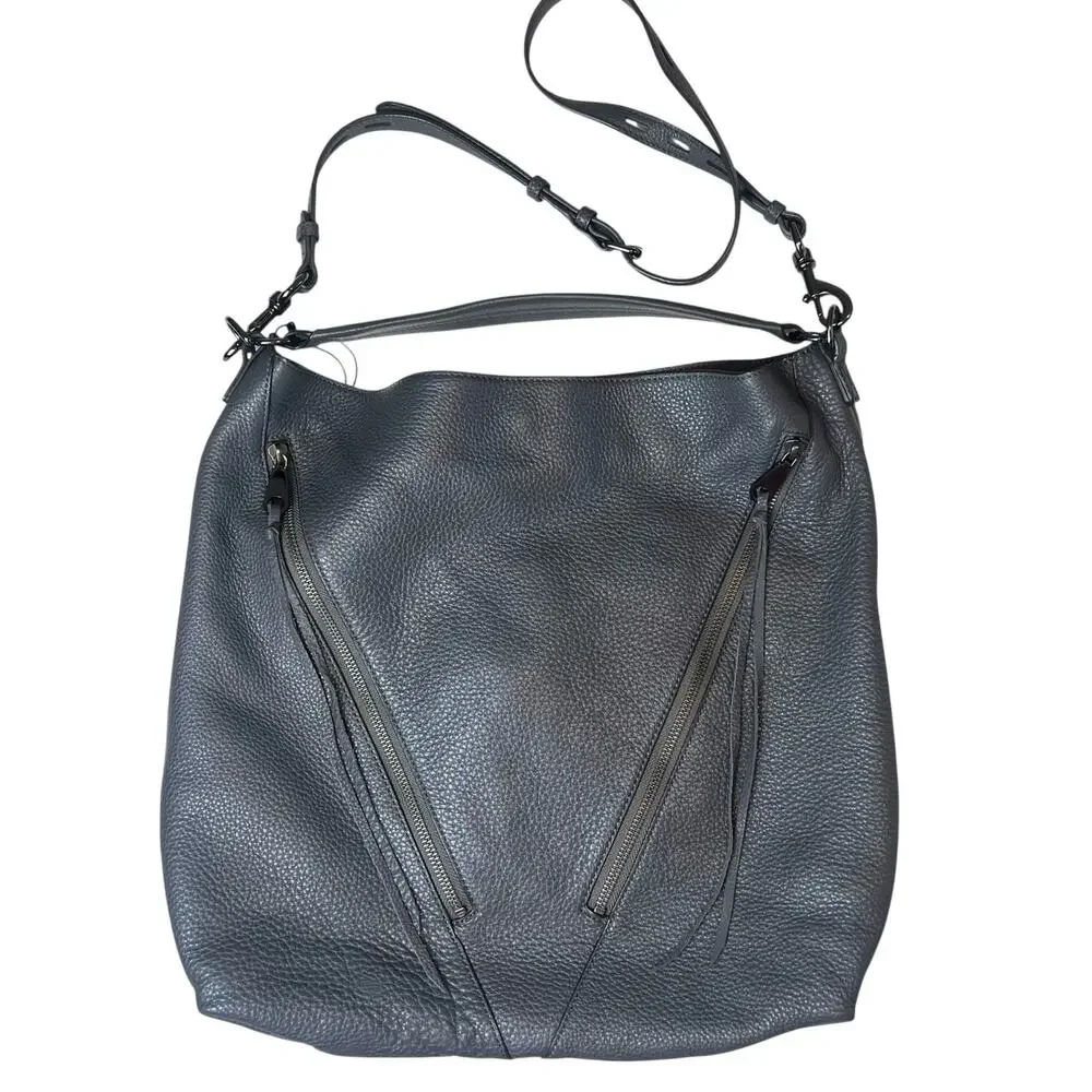 NWT Rebecca Minkoff Moto Double Zip Leather Hobo Shoulder Bag Purse Gray - Picture 6 of 16